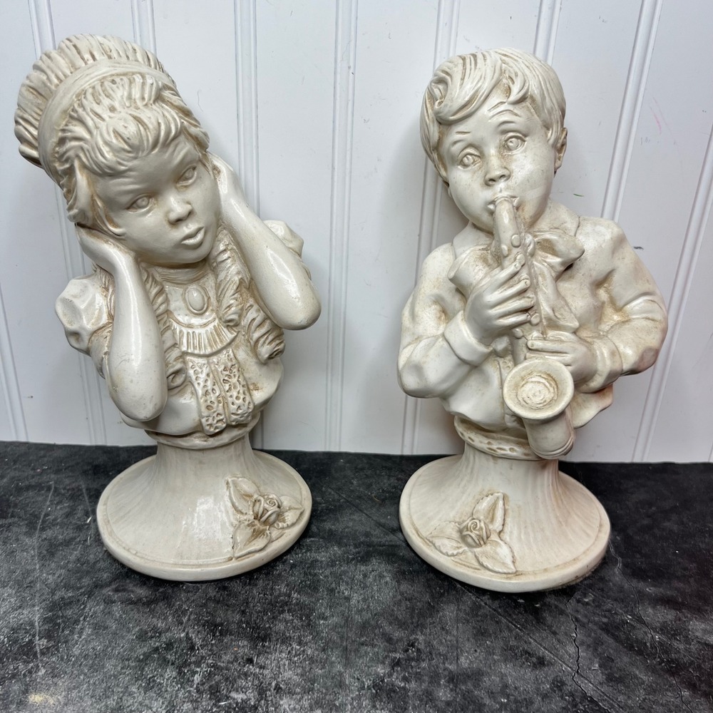 Vintage Chalkware Music Boy Girl Bust Pair | J Kendrick | Cottage Saxophone